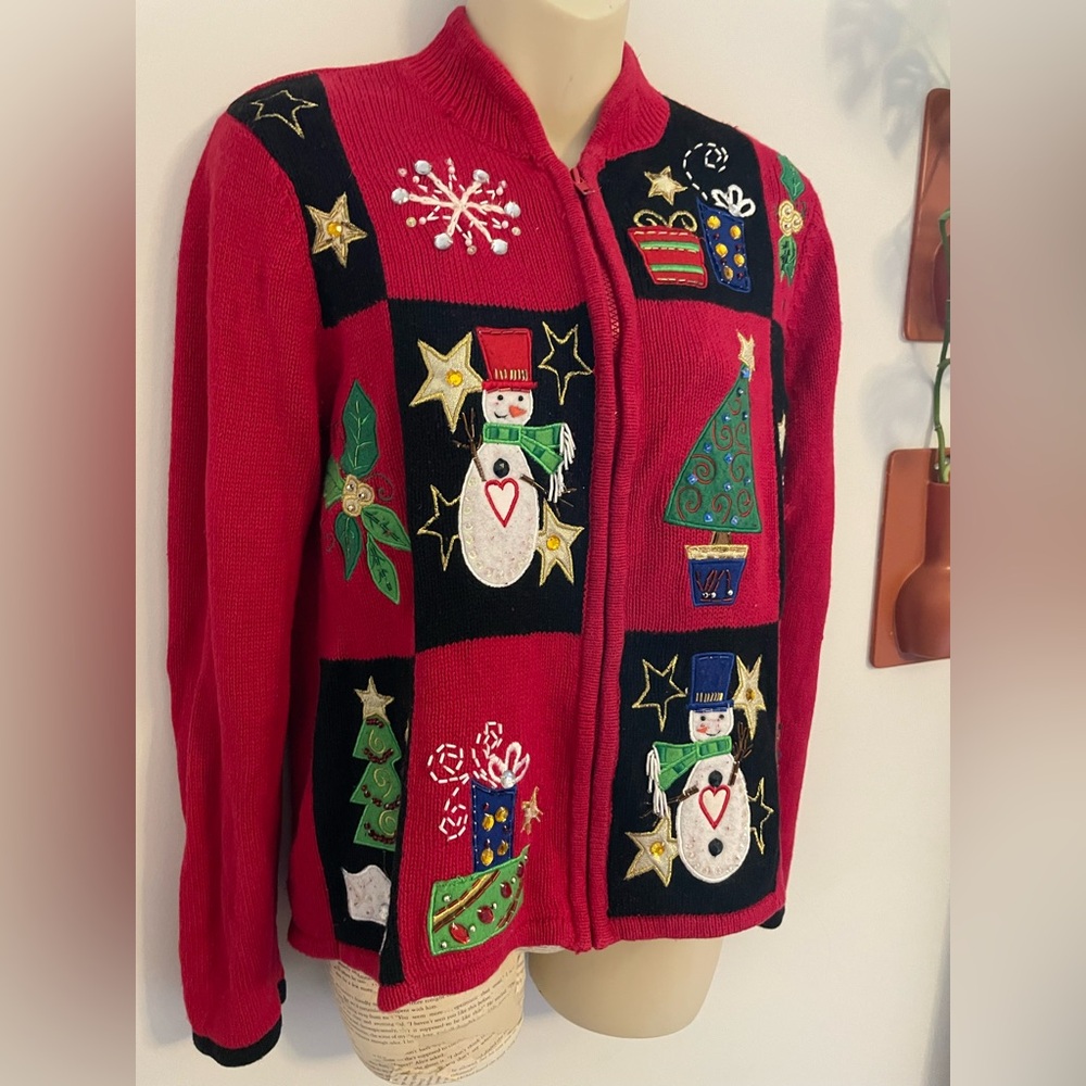 Vintage Tiara International Christmas Collection Zip Up Sweater Red Small